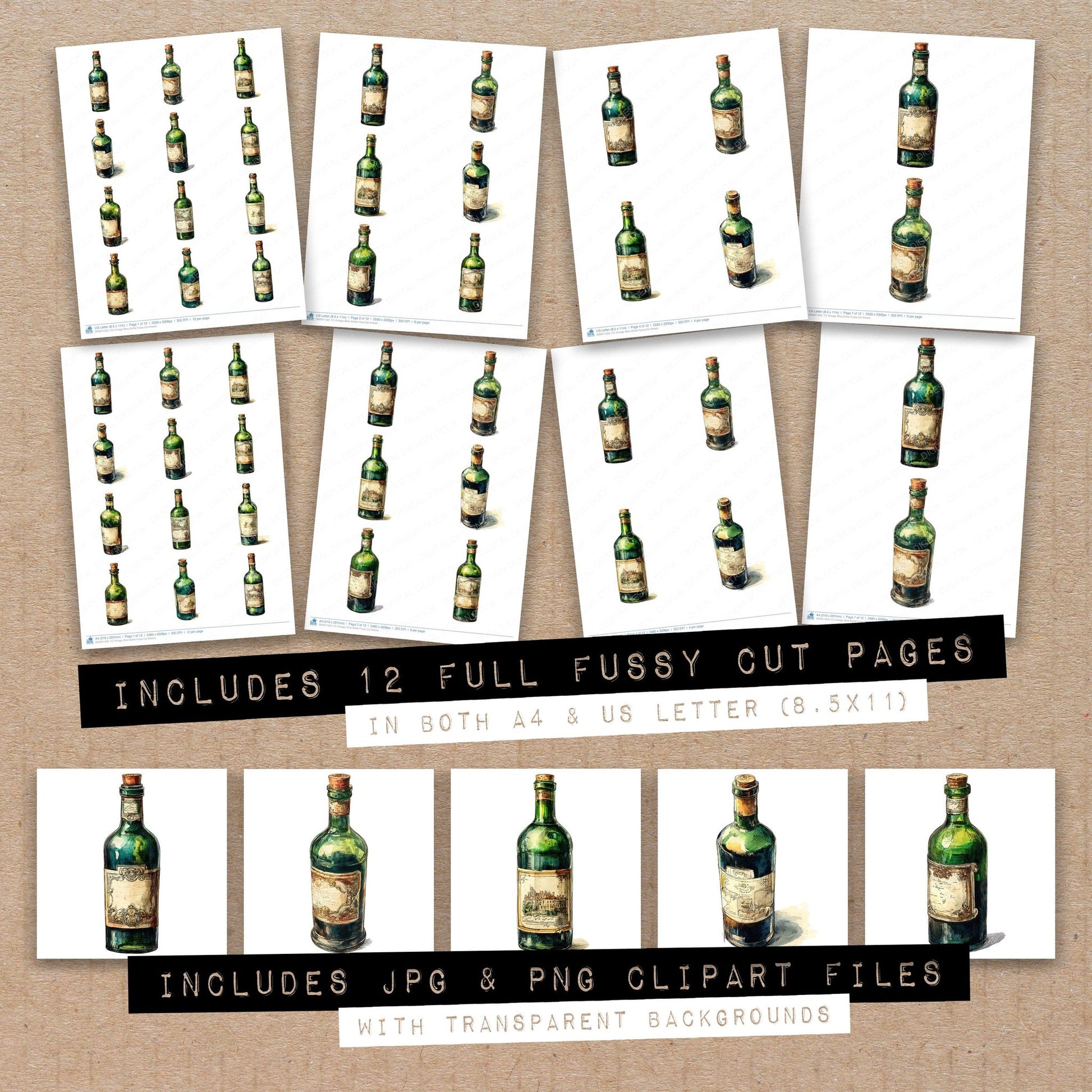 Full collection view of Vintage Wine Bottle fussy cut sheets with bonus clipart JPG and PNG files