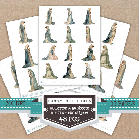 Vintage Woman Praying fussy cut printable sheets for junk journaling, scrapbooking, and paper craft projects