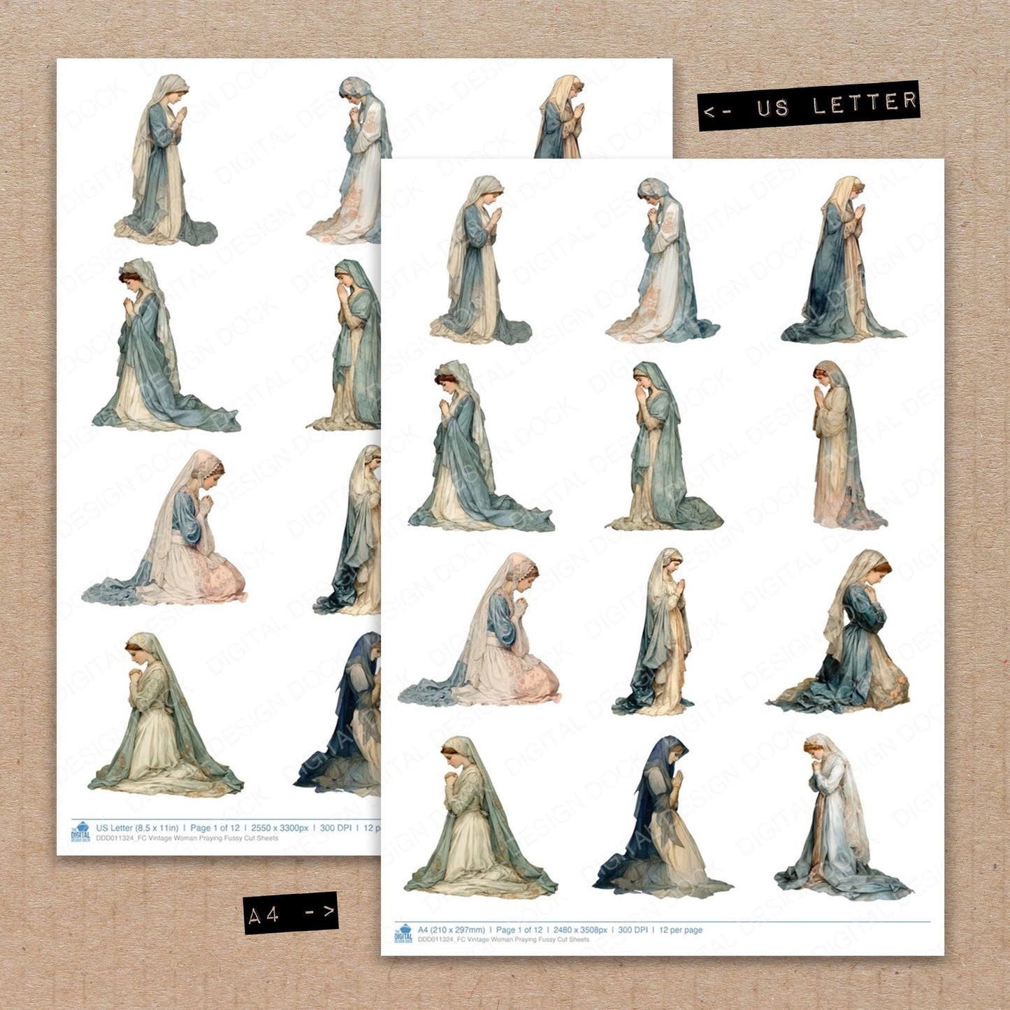 A4 and US Letter format comparison showing Vintage Woman Praying fussy cut pages for print and cut crafting