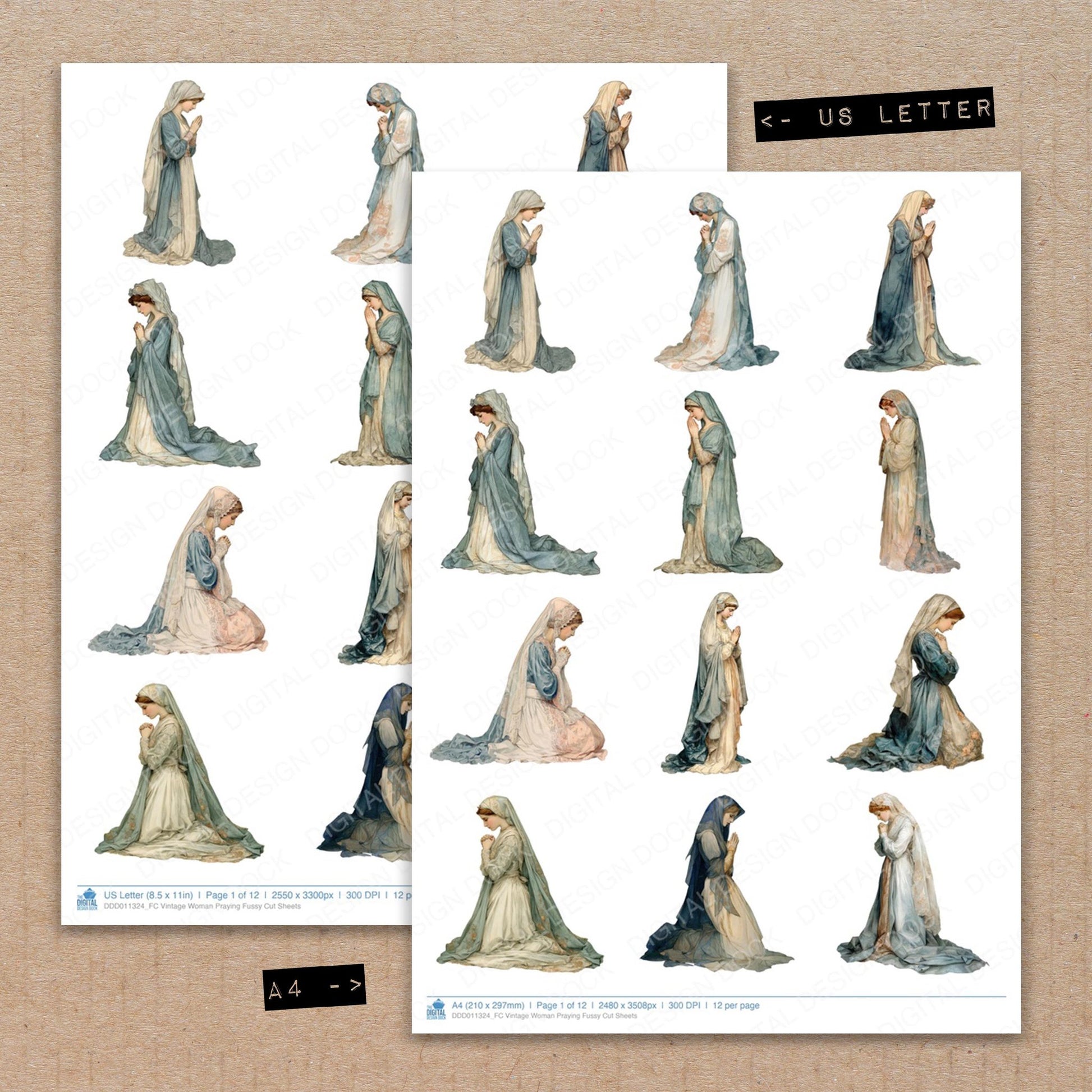 A4 and US Letter format comparison showing Vintage Woman Praying fussy cut pages for print and cut crafting