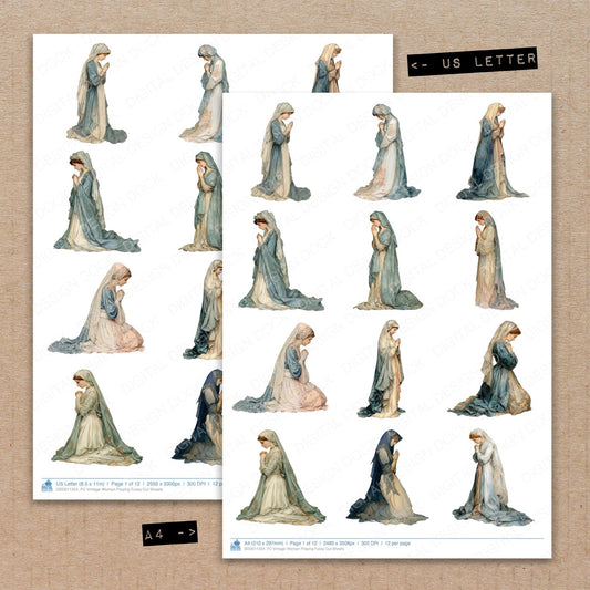 A4 and US Letter format comparison showing Vintage Woman Praying fussy cut pages for print and cut crafting