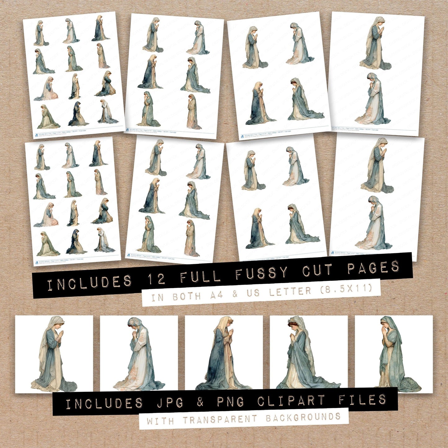 Full collection view of Vintage Woman Praying fussy cut sheets with bonus clipart JPG and PNG files