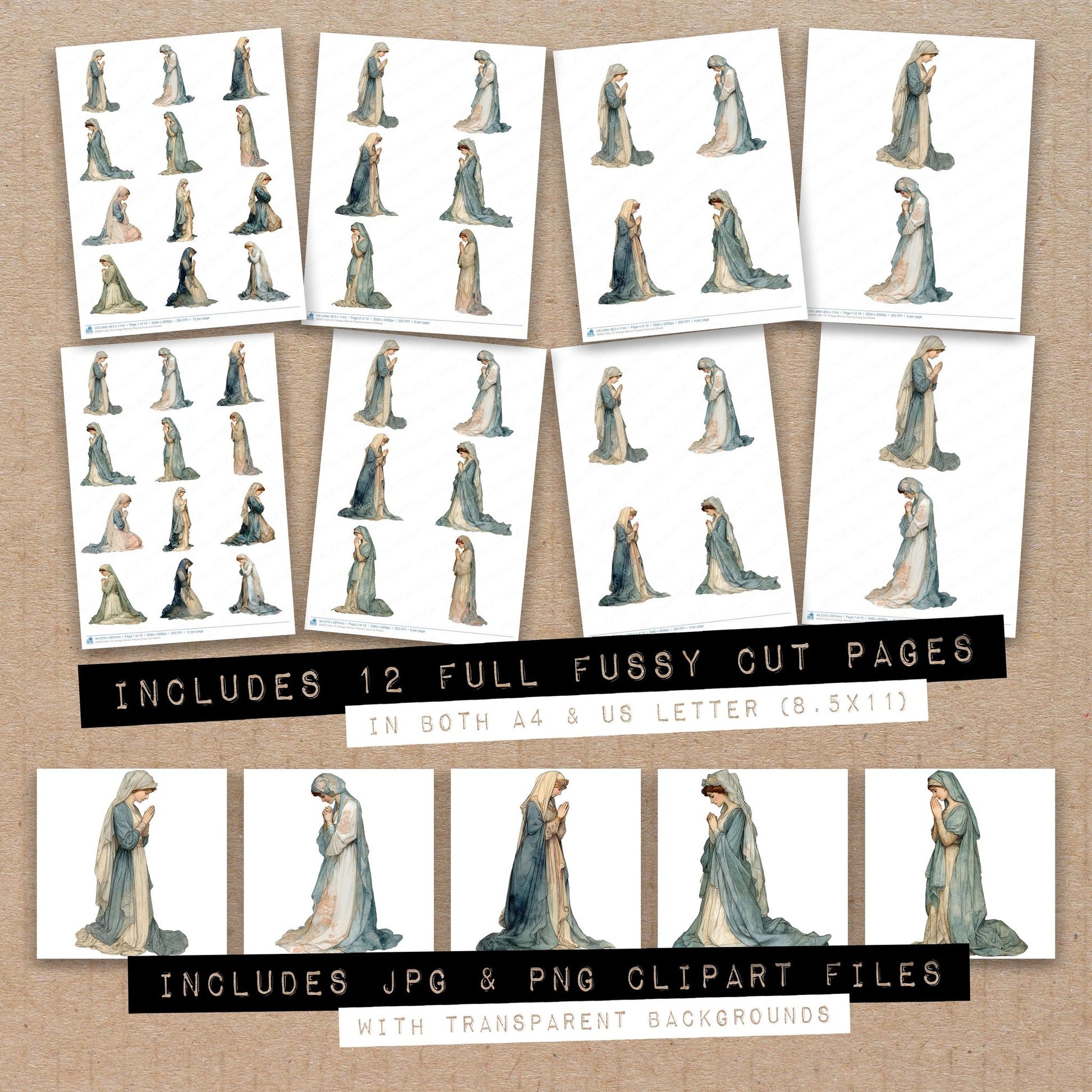 Full collection view of Vintage Woman Praying fussy cut sheets with bonus clipart JPG and PNG files