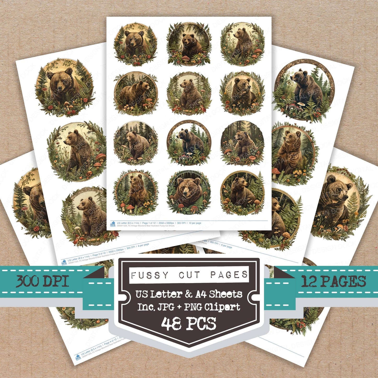 Vintage Woodland Bear Illustration fussy cut printable sheets for junk journaling, scrapbooking, and paper craft projects