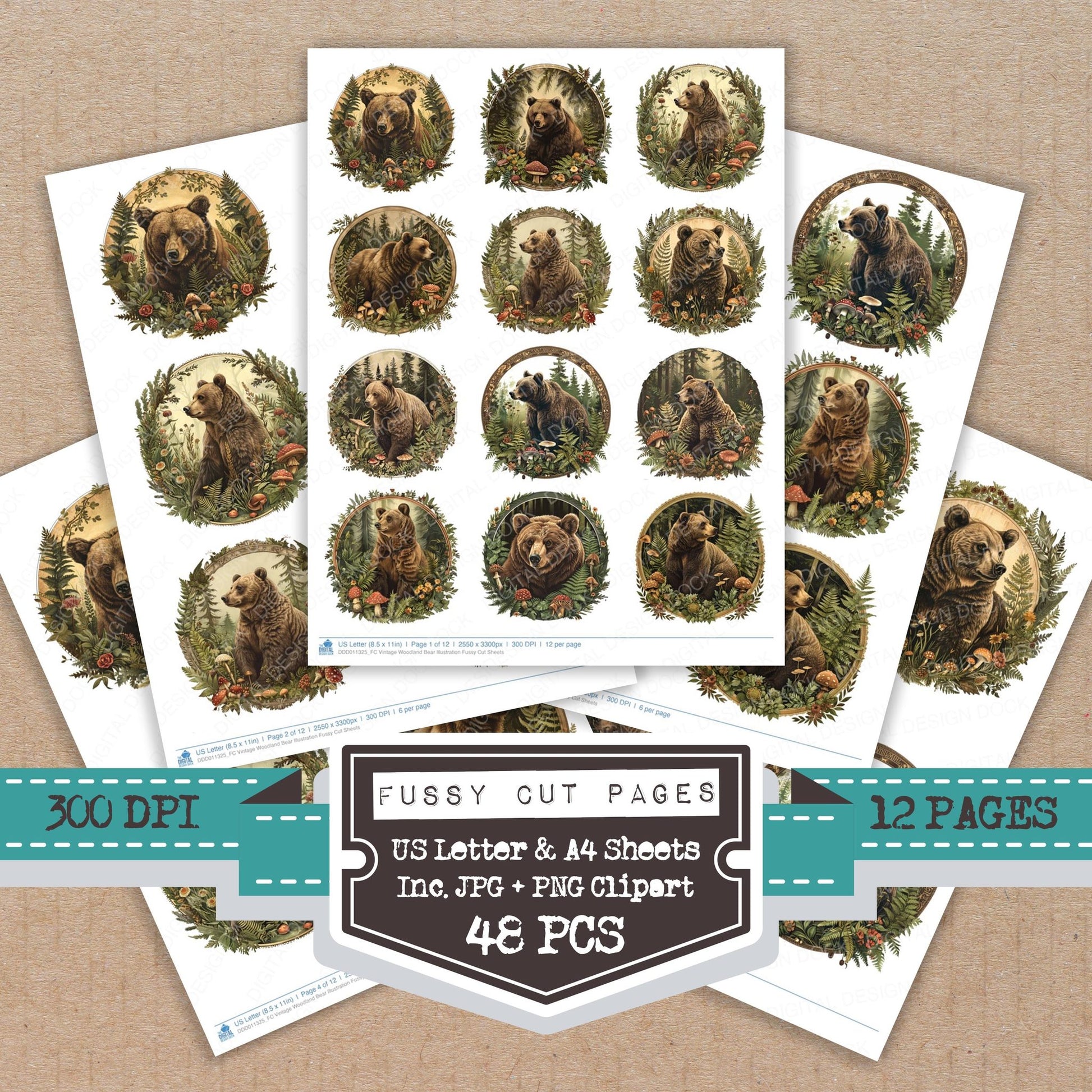 Vintage Woodland Bear Illustration fussy cut printable sheets for junk journaling, scrapbooking, and paper craft projects