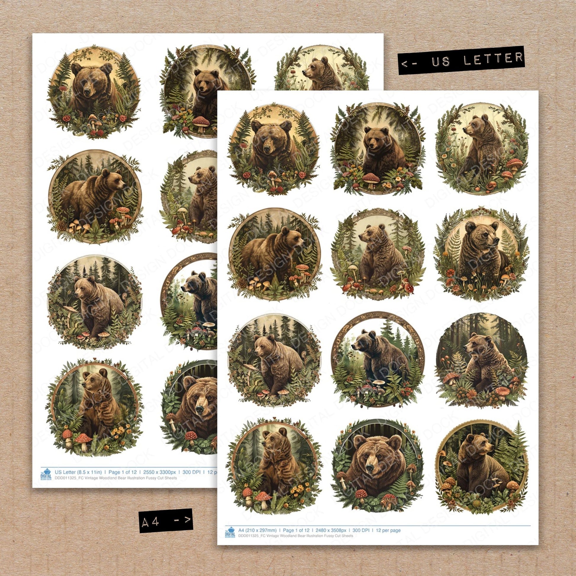A4 and US Letter format comparison showing Vintage Woodland Bear Illustration fussy cut pages for print and cut crafting