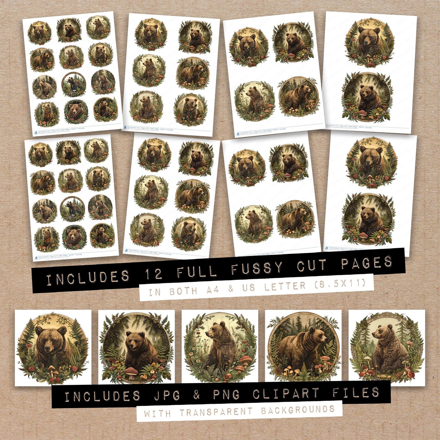 Full collection view of Vintage Woodland Bear Illustration fussy cut sheets with bonus clipart JPG and PNG files
