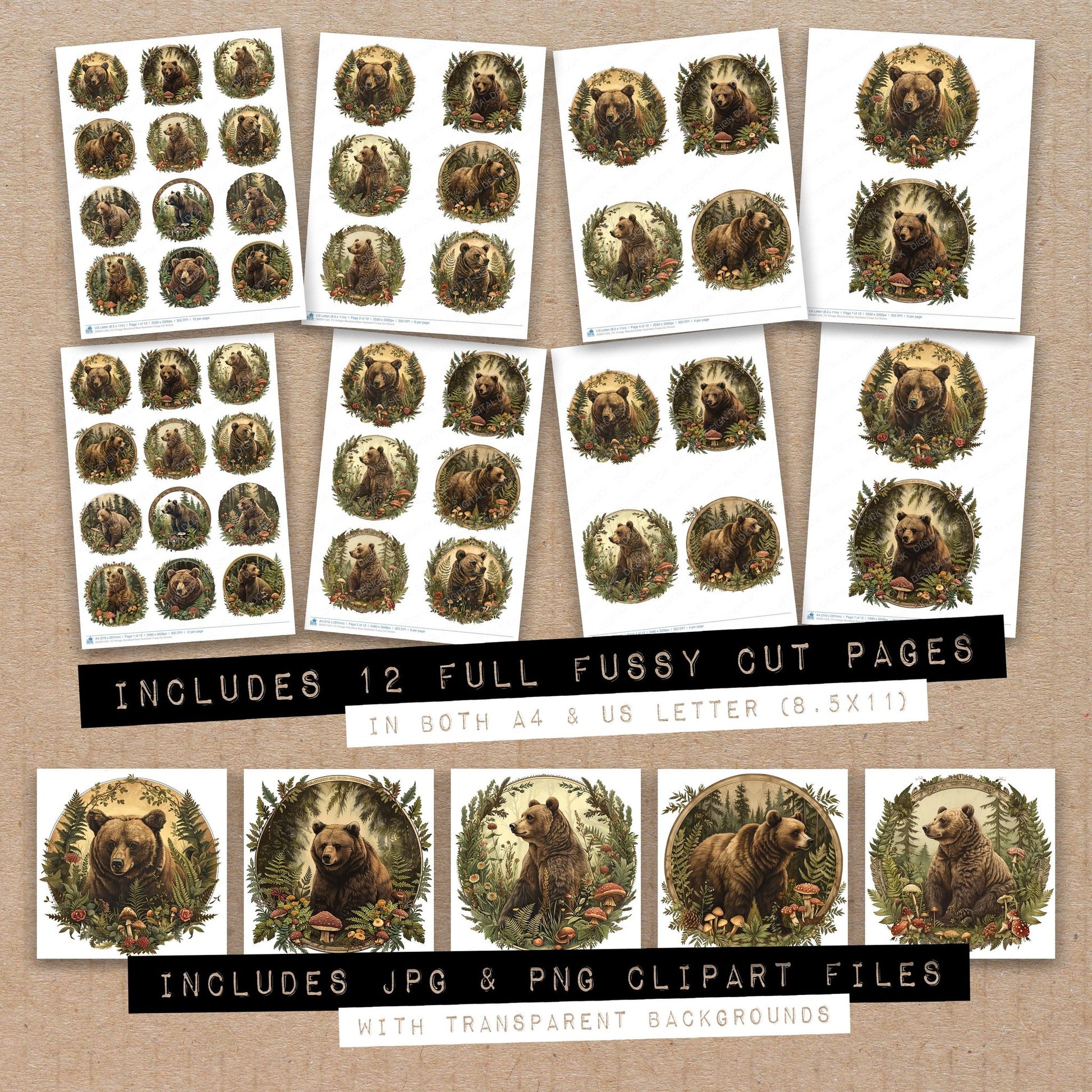 Full collection view of Vintage Woodland Bear Illustration fussy cut sheets with bonus clipart JPG and PNG files