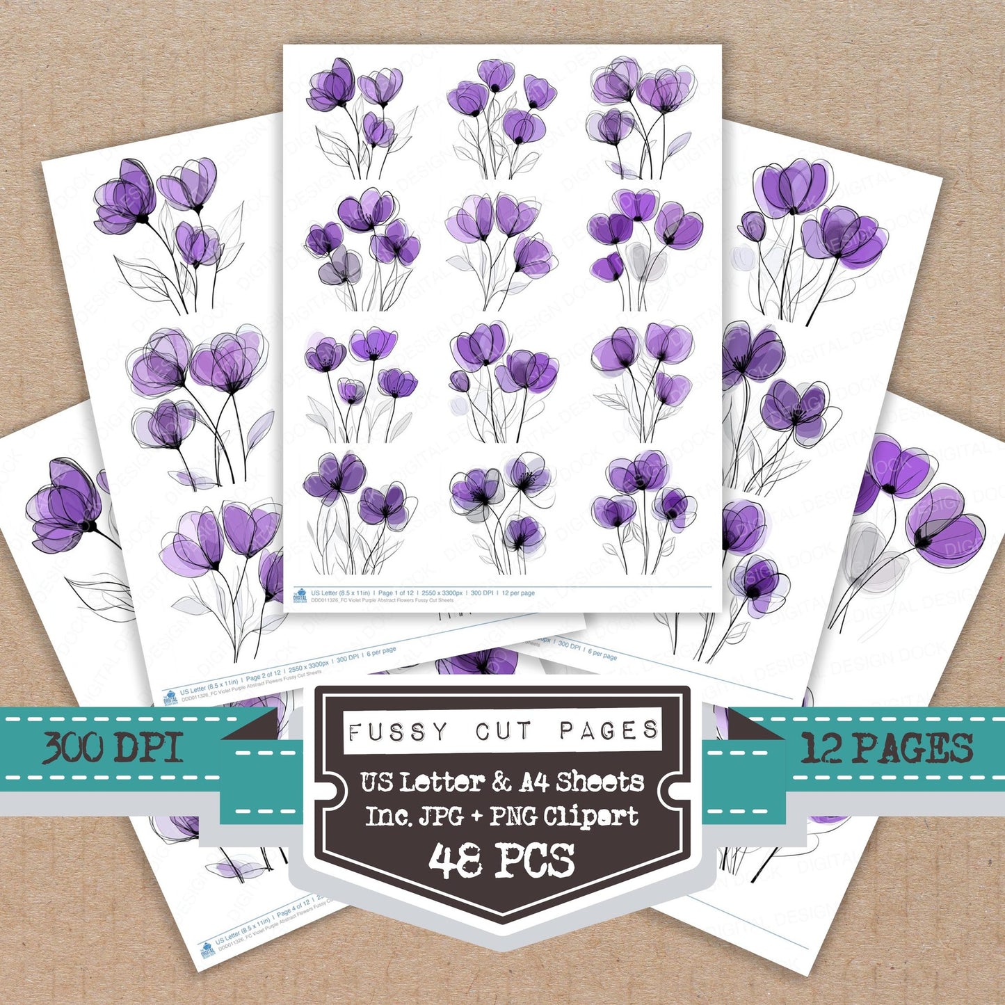 Violet Purple Abstract Flowers fussy cut printable sheets for junk journaling, scrapbooking, and paper craft projects
