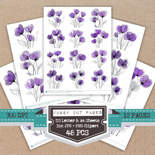 Violet Purple Abstract Flowers fussy cut printable sheets for junk journaling, scrapbooking, and paper craft projects