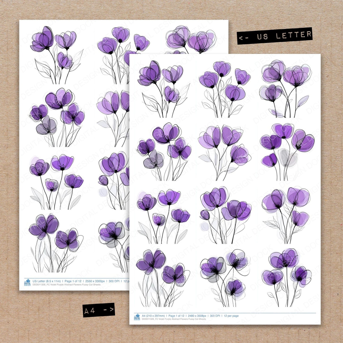 A4 and US Letter format comparison showing Violet Purple Abstract Flowers fussy cut pages for print and cut crafting