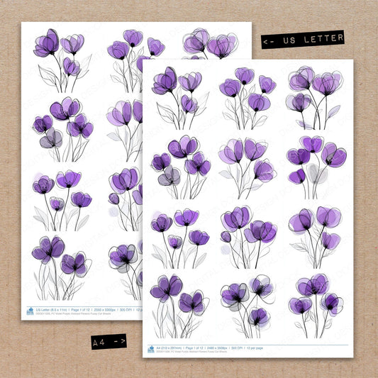 A4 and US Letter format comparison showing Violet Purple Abstract Flowers fussy cut pages for print and cut crafting