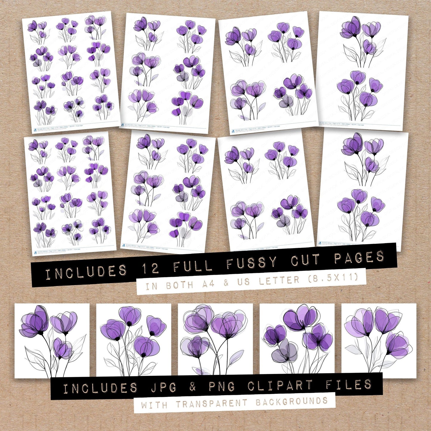 Full collection view of Violet Purple Abstract Flowers fussy cut sheets with bonus clipart JPG and PNG files