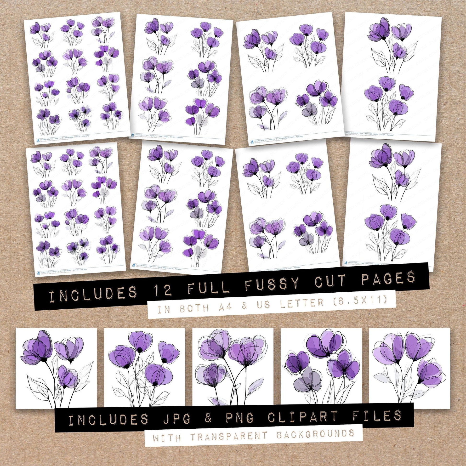 Full collection view of Violet Purple Abstract Flowers fussy cut sheets with bonus clipart JPG and PNG files
