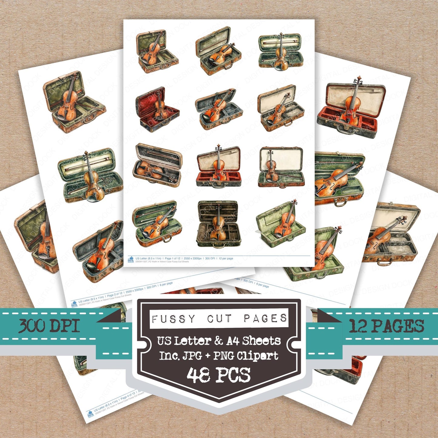 Violin in Velvet Case fussy cut printable sheets for junk journaling, scrapbooking, and paper craft projects