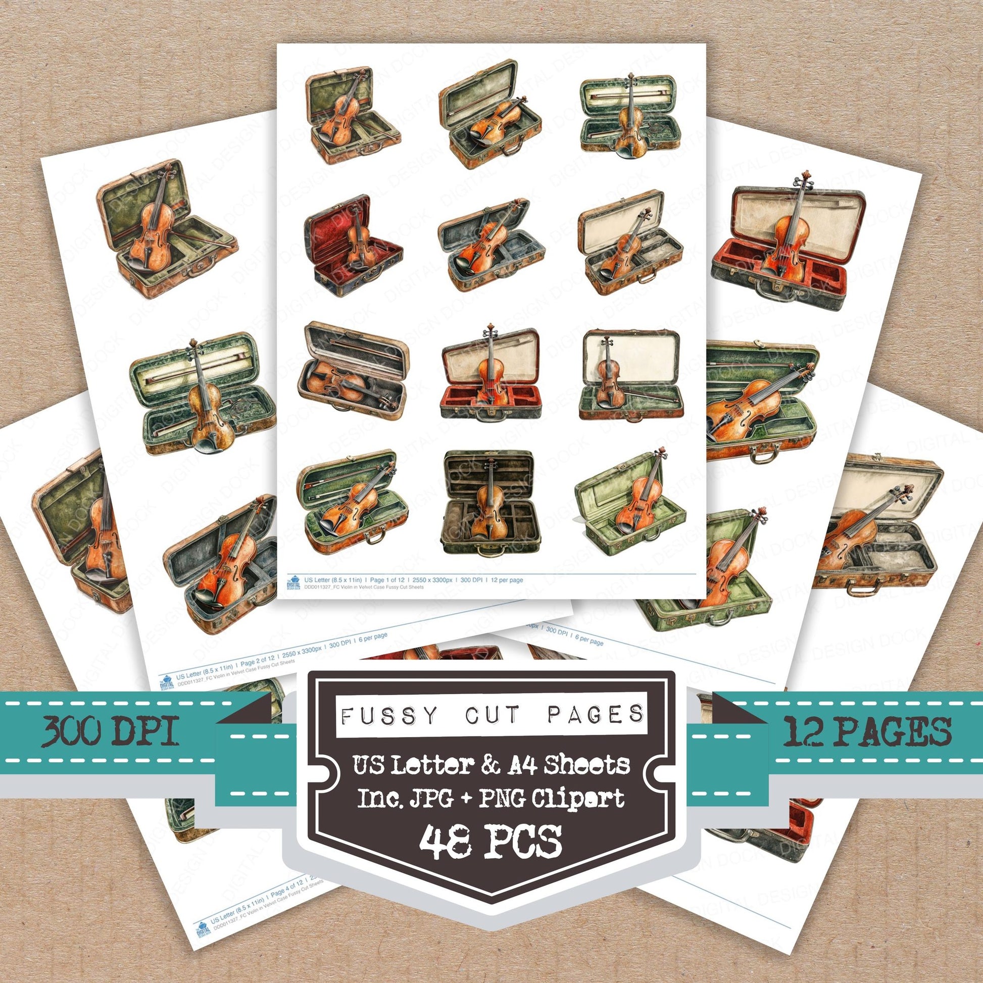 Violin in Velvet Case fussy cut printable sheets for junk journaling, scrapbooking, and paper craft projects