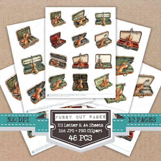 Violin in Velvet Case fussy cut printable sheets for junk journaling, scrapbooking, and paper craft projects