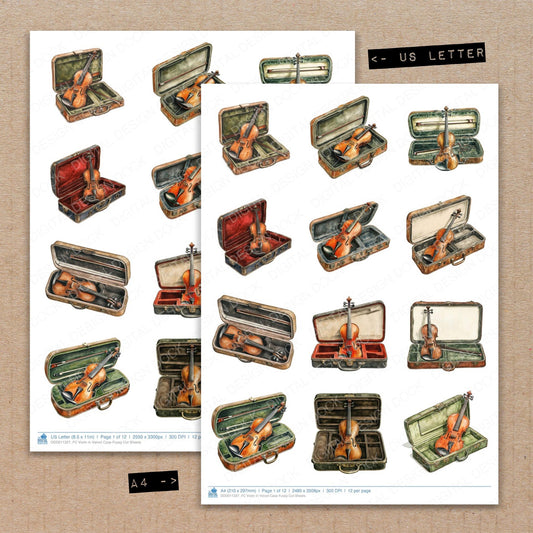 A4 and US Letter format comparison showing Violin in Velvet Case fussy cut pages for print and cut crafting