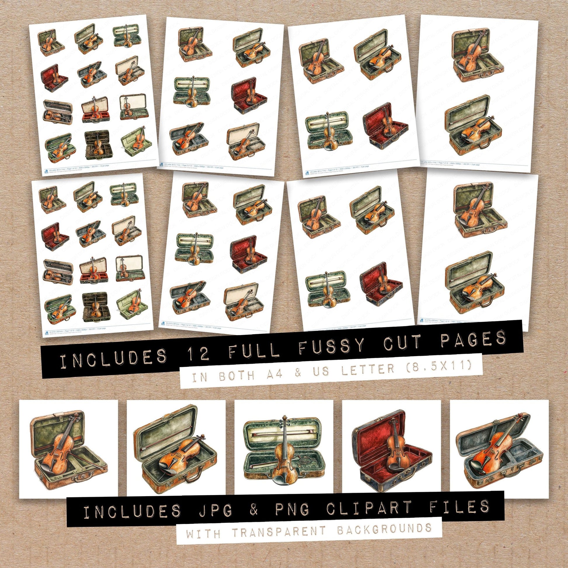 Full collection view of Violin in Velvet Case fussy cut sheets with bonus clipart JPG and PNG files