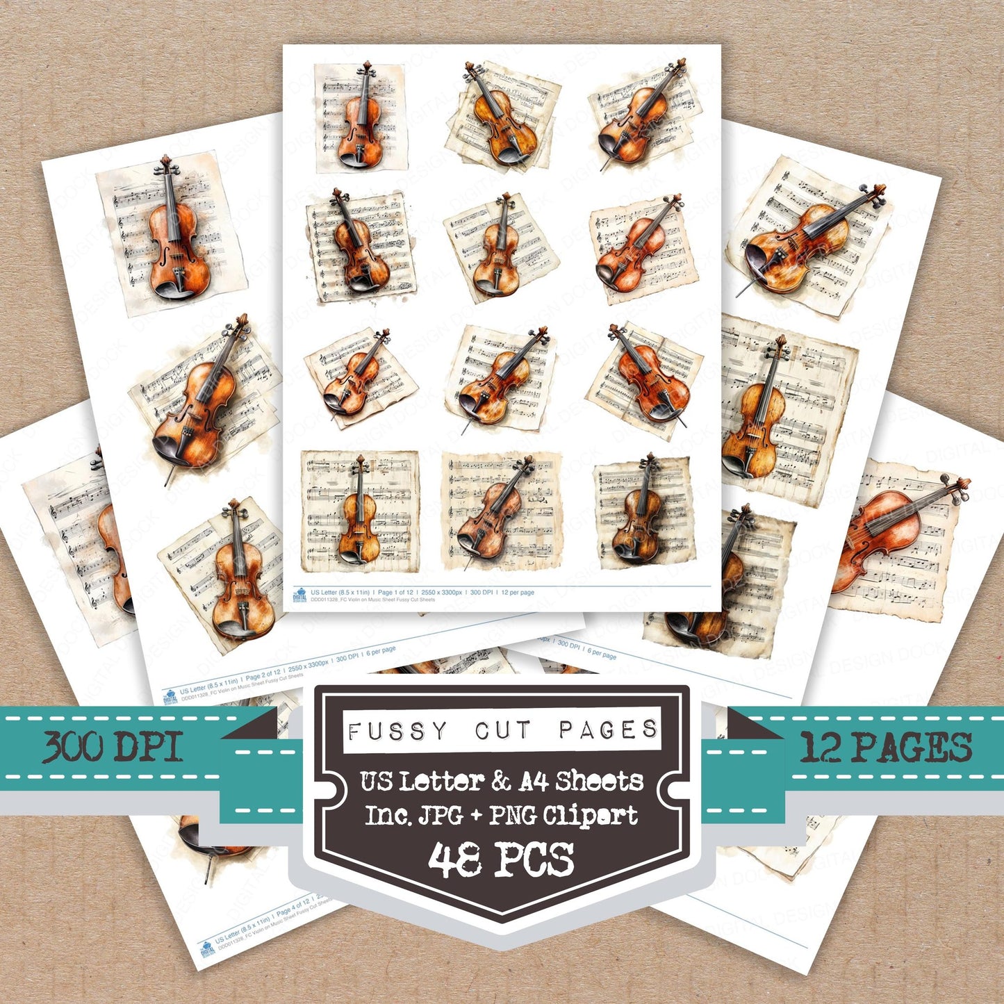 Violin on Music Sheet fussy cut printable sheets for junk journaling, scrapbooking, and paper craft projects