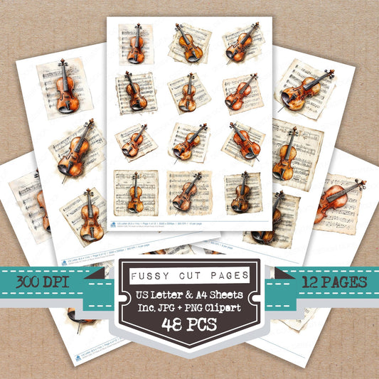 Violin on Music Sheet fussy cut printable sheets for junk journaling, scrapbooking, and paper craft projects