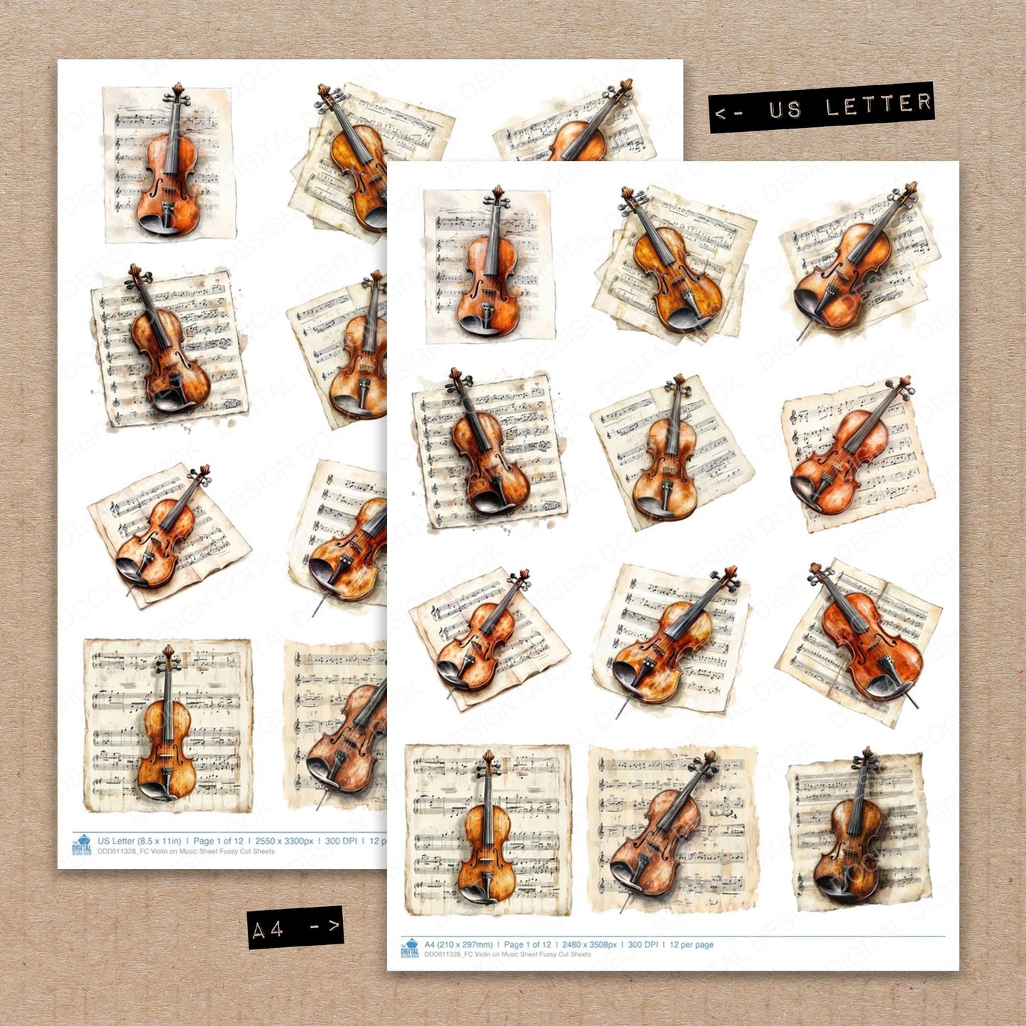 A4 and US Letter format comparison showing Violin on Music Sheet fussy cut pages for print and cut crafting