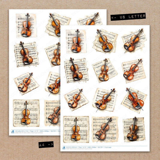 A4 and US Letter format comparison showing Violin on Music Sheet fussy cut pages for print and cut crafting