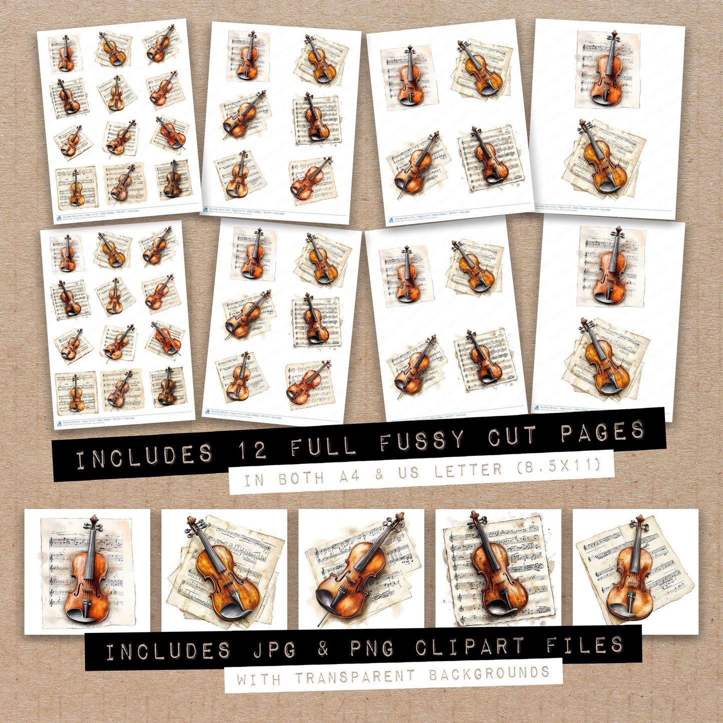 Full collection view of Violin on Music Sheet fussy cut sheets with bonus clipart JPG and PNG files