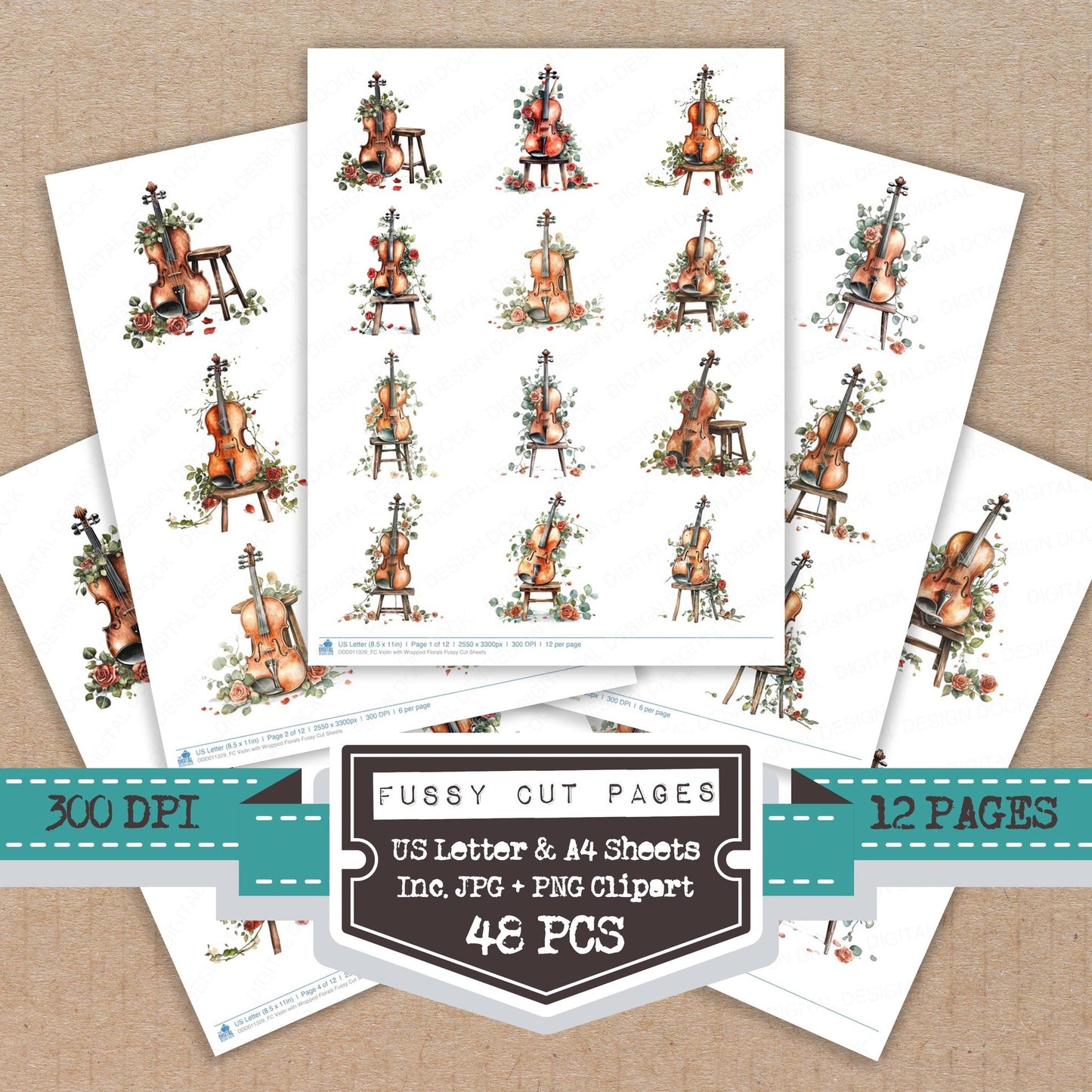 Violin with Wrapped Florals fussy cut printable sheets for junk journaling, scrapbooking, and paper craft projects