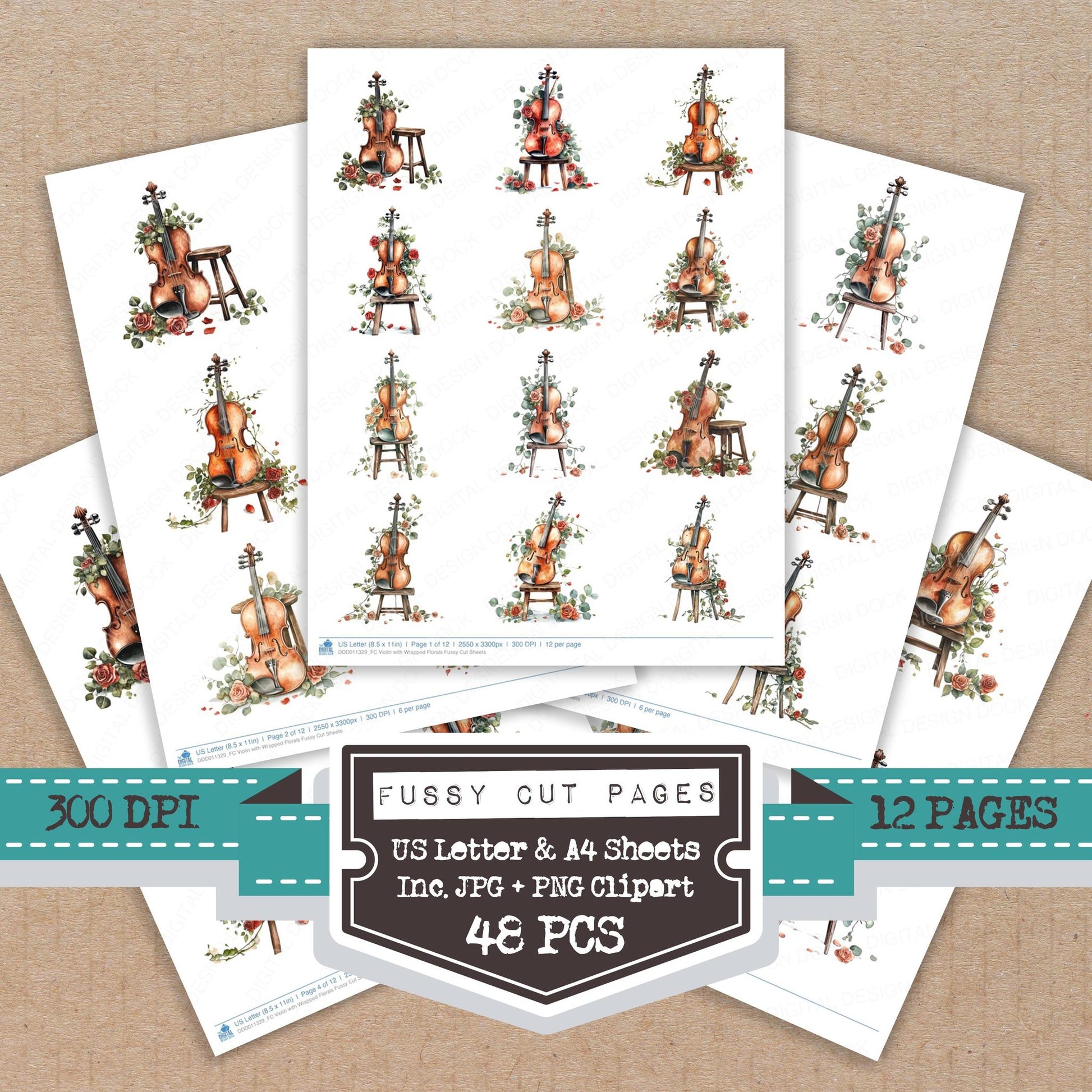 Violin with Wrapped Florals fussy cut printable sheets for junk journaling, scrapbooking, and paper craft projects