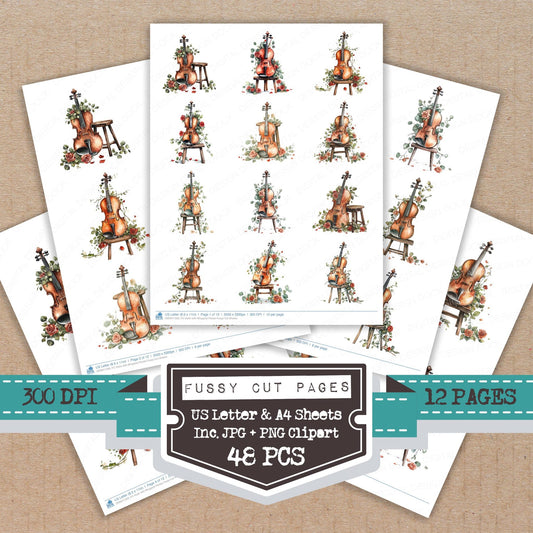 Violin with Wrapped Florals fussy cut printable sheets for junk journaling, scrapbooking, and paper craft projects