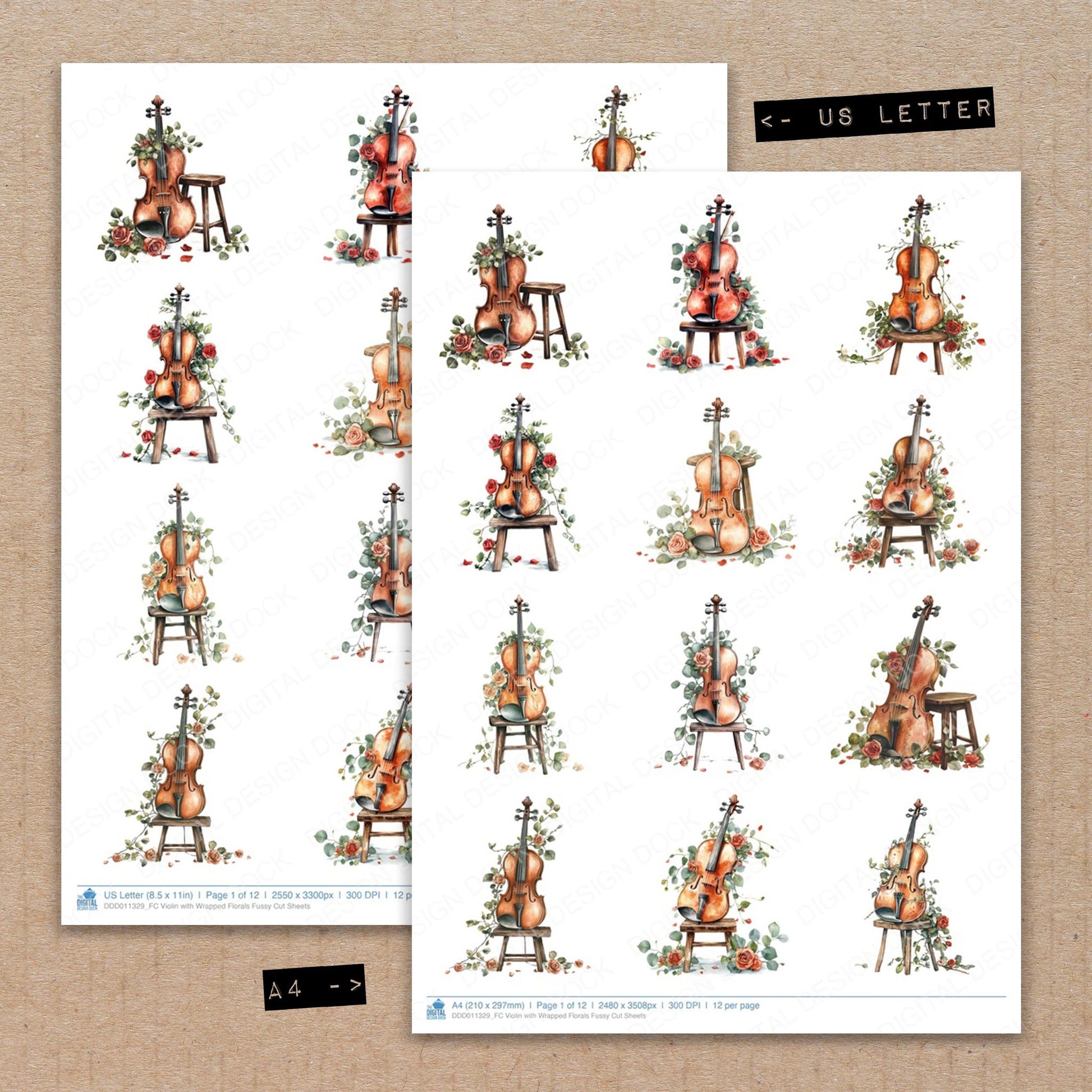 A4 and US Letter format comparison showing Violin with Wrapped Florals fussy cut pages for print and cut crafting