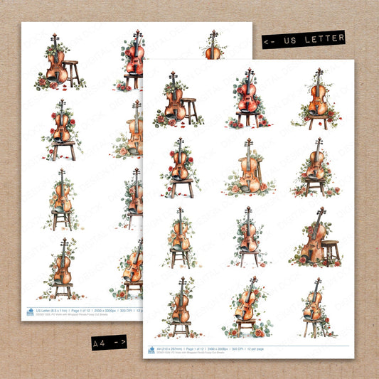 A4 and US Letter format comparison showing Violin with Wrapped Florals fussy cut pages for print and cut crafting