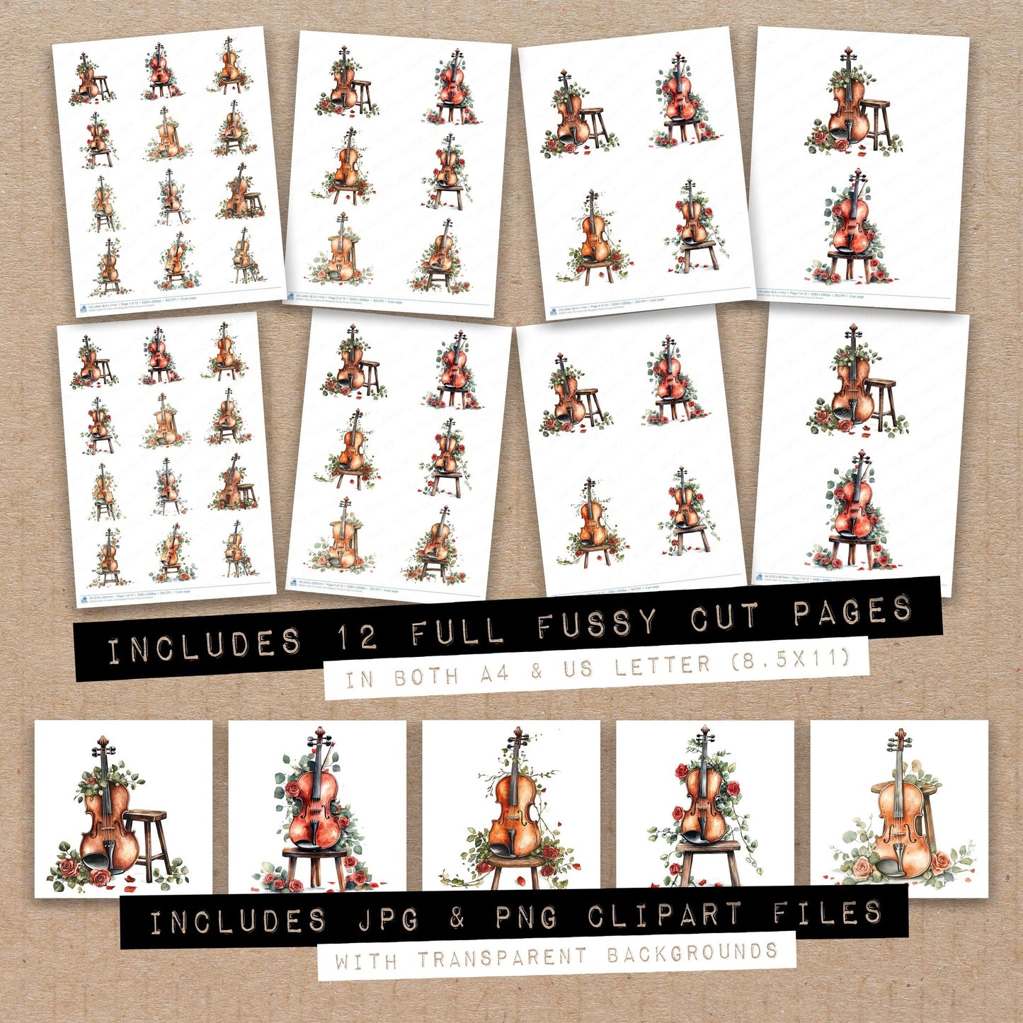 Full collection view of Violin with Wrapped Florals fussy cut sheets with bonus clipart JPG and PNG files