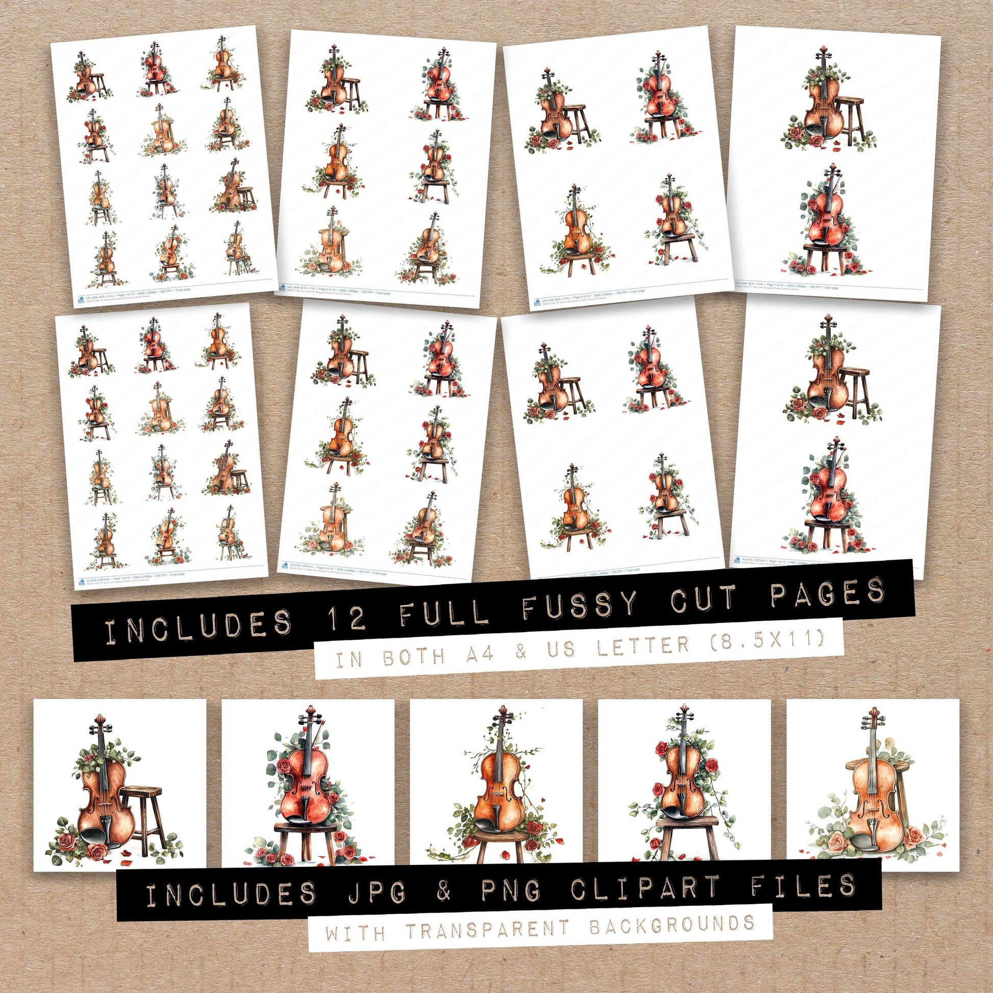 Full collection view of Violin with Wrapped Florals fussy cut sheets with bonus clipart JPG and PNG files