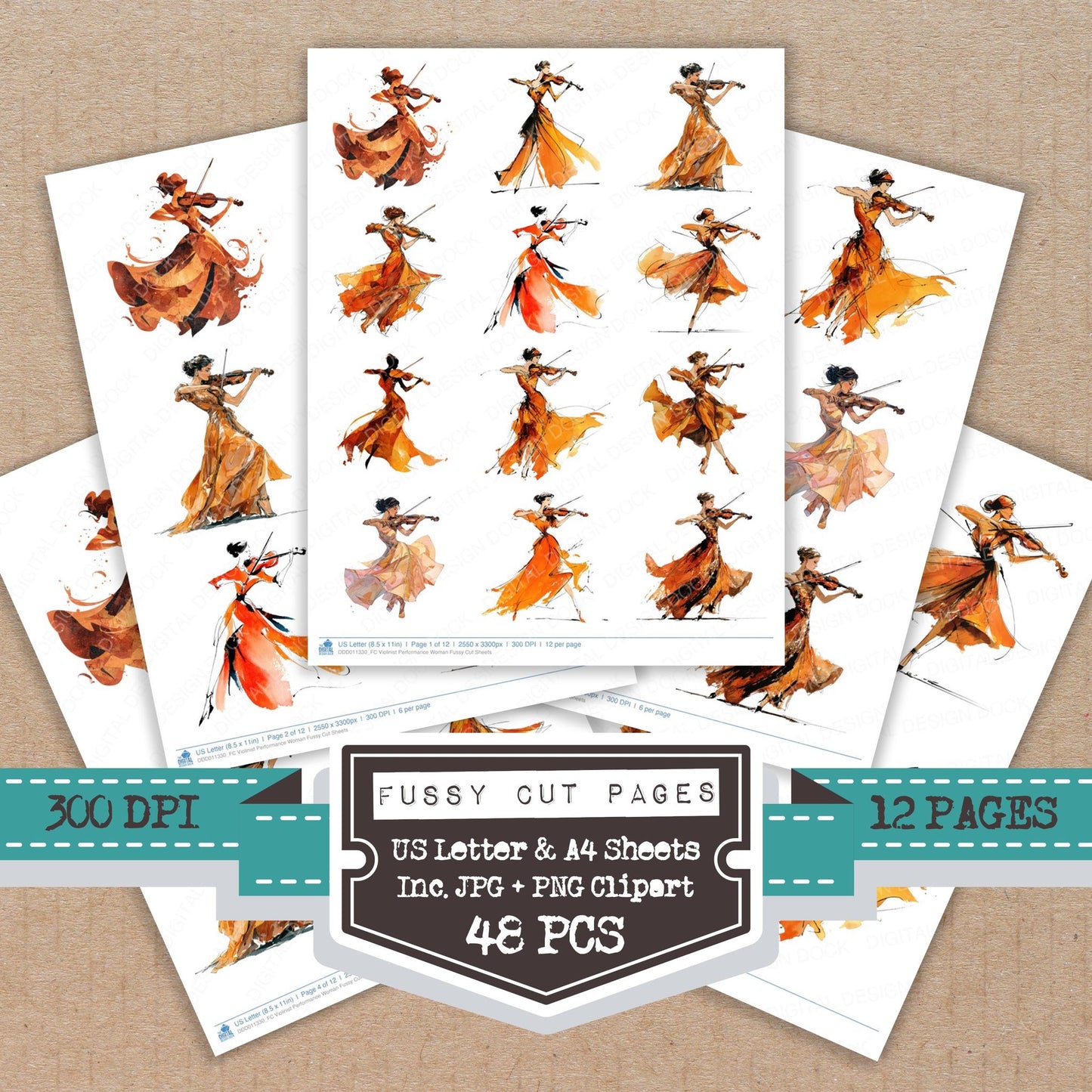 Violinist Performance Woman fussy cut printable sheets for junk journaling, scrapbooking, and paper craft projects