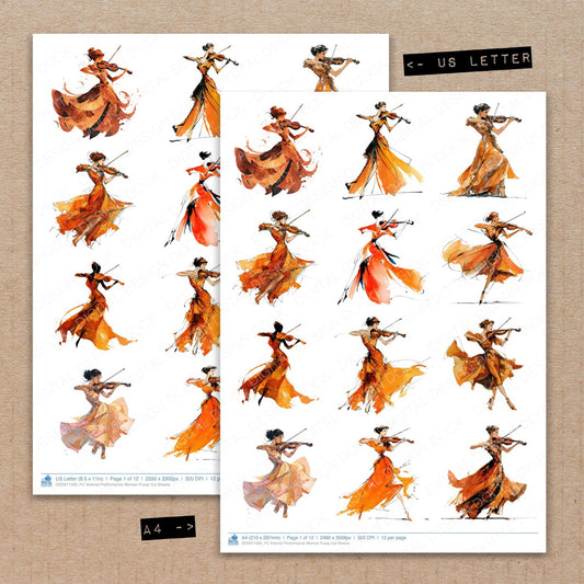 A4 and US Letter format comparison showing Violinist Performance Woman fussy cut pages for print and cut crafting
