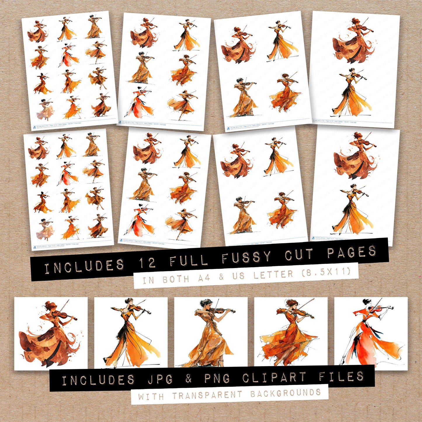 Full collection view of Violinist Performance Woman fussy cut sheets with bonus clipart JPG and PNG files