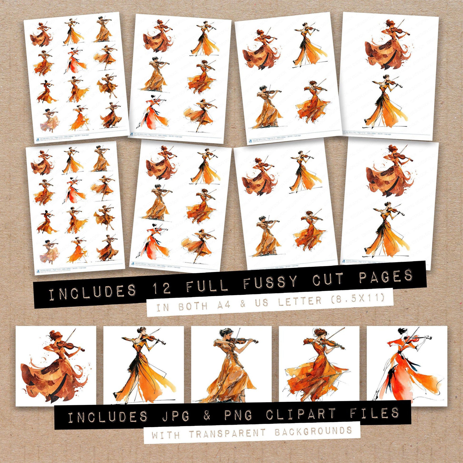 Full collection view of Violinist Performance Woman fussy cut sheets with bonus clipart JPG and PNG files