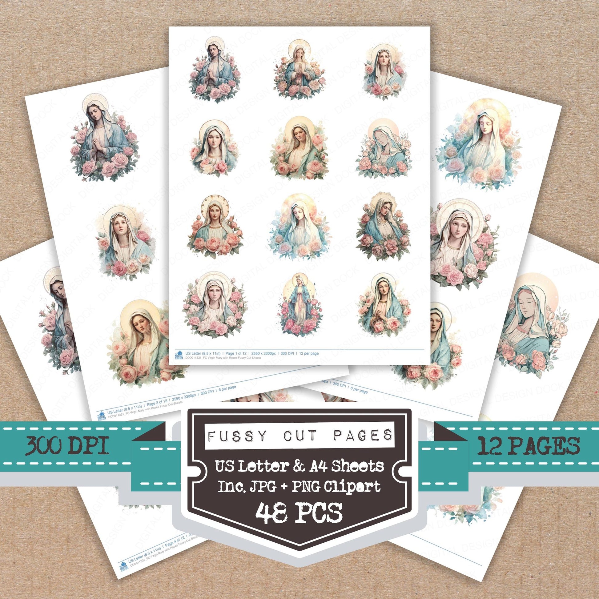 Virgin Mary with Roses fussy cut printable sheets for junk journaling, scrapbooking, and paper craft projects