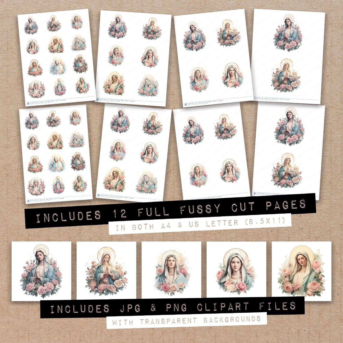 Full collection view of Virgin Mary with Roses fussy cut sheets with bonus clipart JPG and PNG files