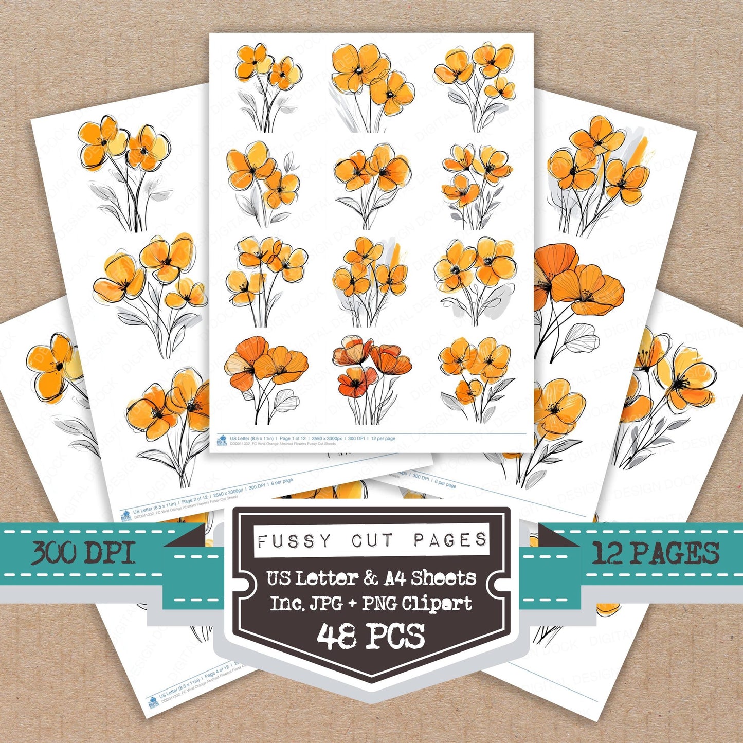 Vivid Orange Abstract Flowers fussy cut printable sheets for junk journaling, scrapbooking, and paper craft projects