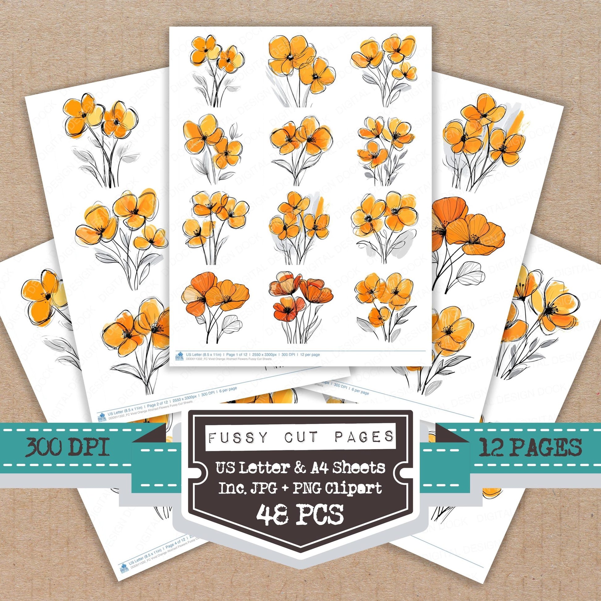 Vivid Orange Abstract Flowers fussy cut printable sheets for junk journaling, scrapbooking, and paper craft projects