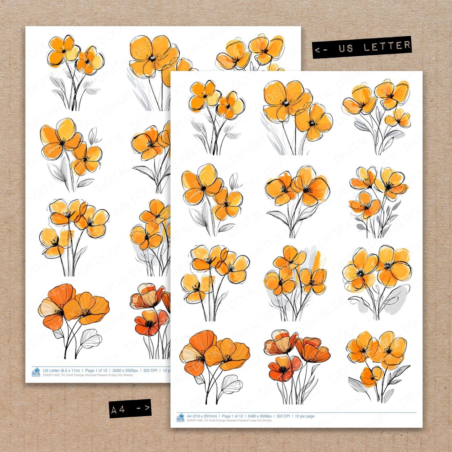 A4 and US Letter format comparison showing Vivid Orange Abstract Flowers fussy cut pages for print and cut crafting