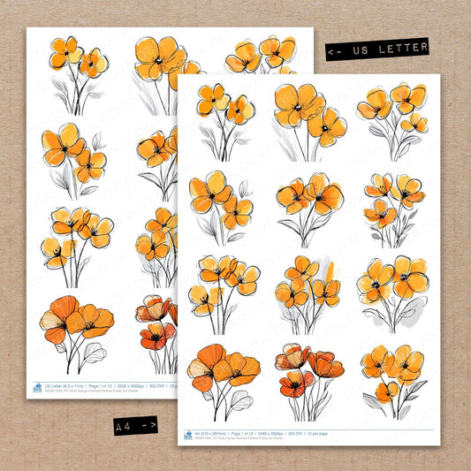 A4 and US Letter format comparison showing Vivid Orange Abstract Flowers fussy cut pages for print and cut crafting