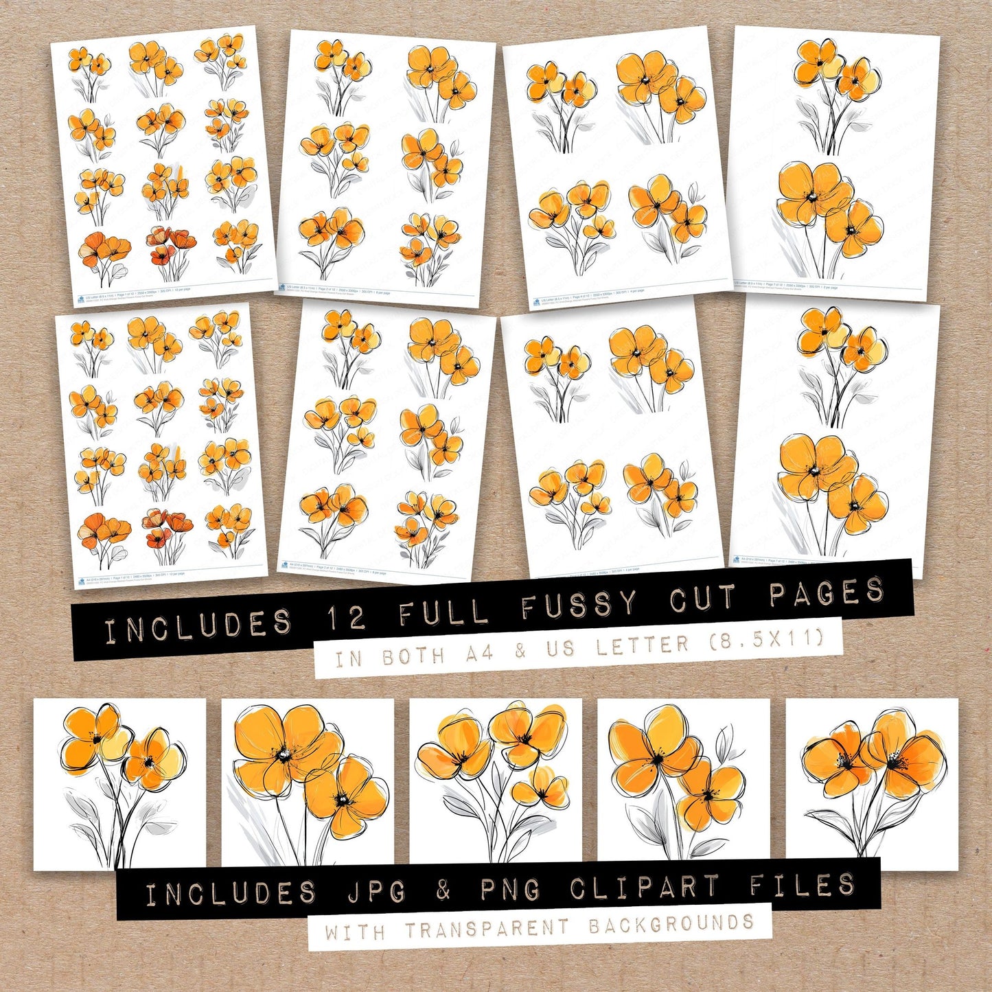 Full collection view of Vivid Orange Abstract Flowers fussy cut sheets with bonus clipart JPG and PNG files