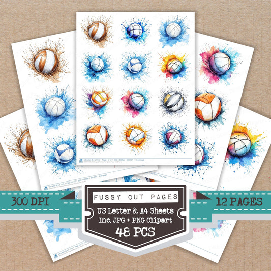 Vollyball Watercolour Splash fussy cut printable sheets for junk journaling, scrapbooking, and paper craft projects