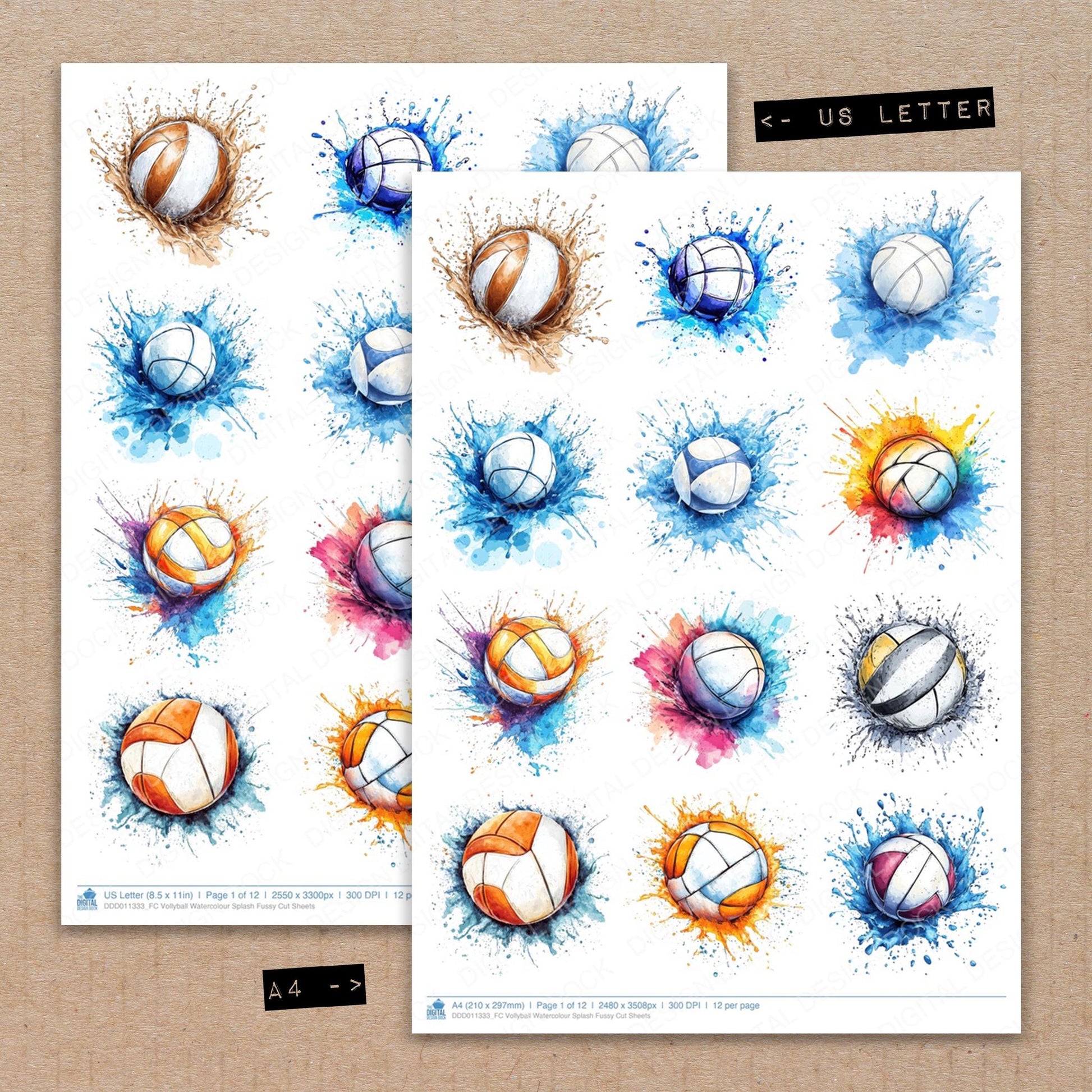 A4 and US Letter format comparison showing Vollyball Watercolour Splash fussy cut pages for print and cut crafting