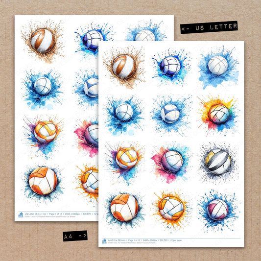 A4 and US Letter format comparison showing Vollyball Watercolour Splash fussy cut pages for print and cut crafting