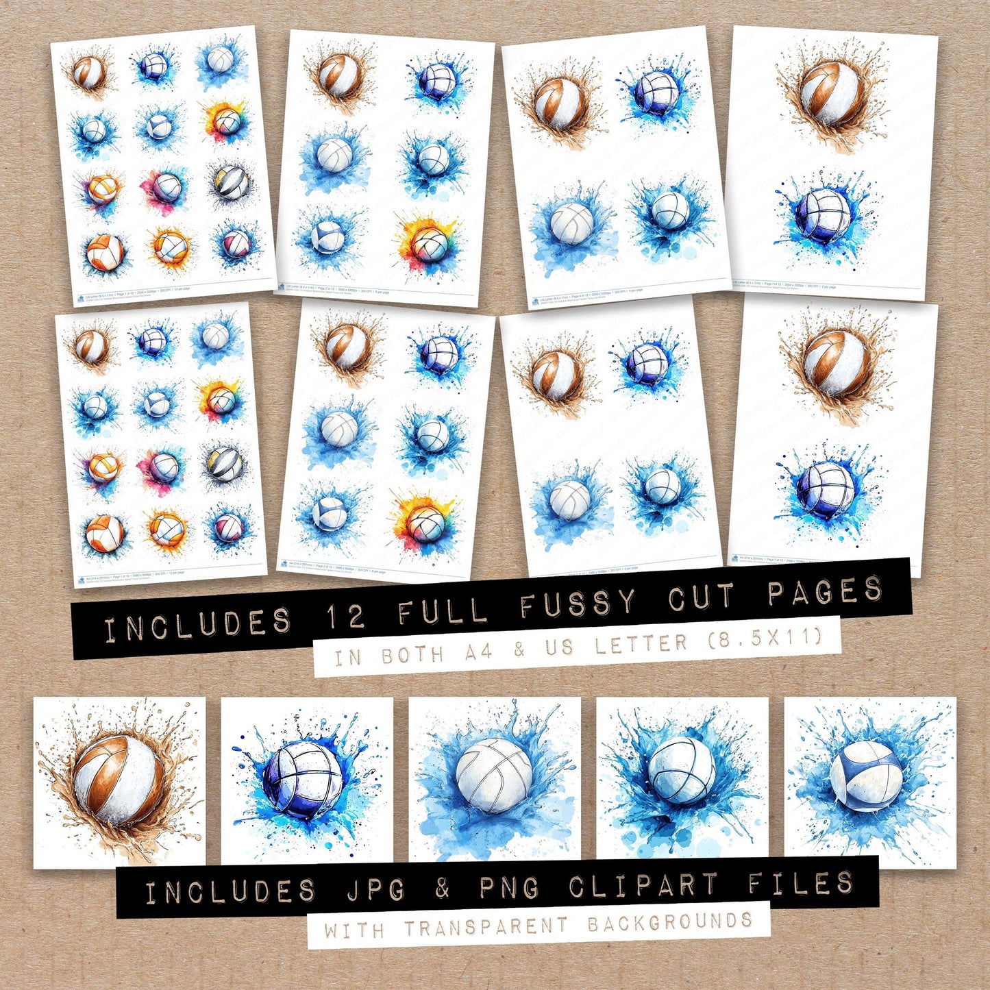 Full collection view of Vollyball Watercolour Splash fussy cut sheets with bonus clipart JPG and PNG files